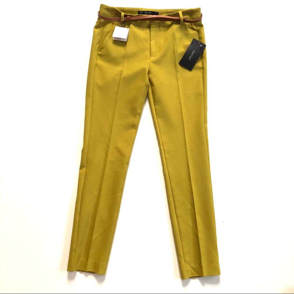 New! Zara Citron Olive Green Belted Trouser Pants - Picture 2 of 6